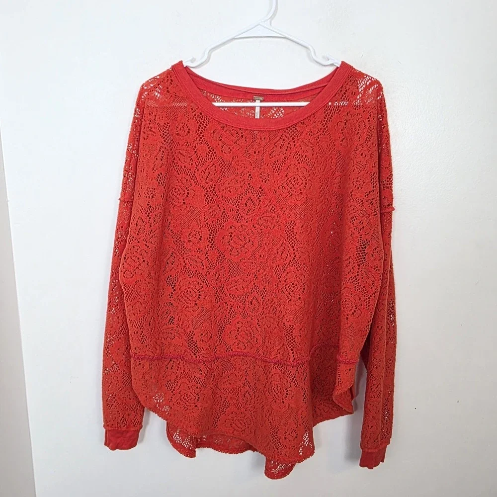 Free People Orange Not Cold In This Lace Oversized Boho Casual Top Sweater Sz S